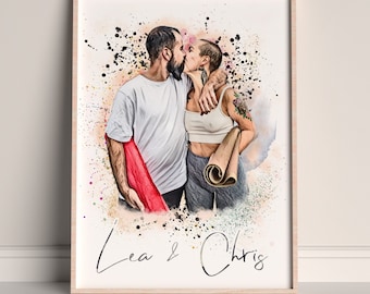 Póster de acuarela personalizado | Retrato en acuarela con nombres | Regalo de aniversario de bodas para parejas | Arte mural personalizado | San Valentín