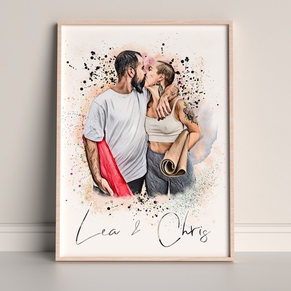 Affiche personnalisée style aquarelle / portrait - mariage / Saint Valentin / cadeau couple en fichier numérique/affiche/gravure sur cadre