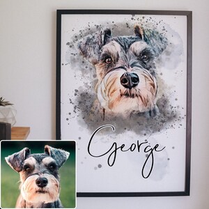 Puede incluir: Una pintura de acuarela de un perro gris y blanco con el nombre "George" escrito en cursiva negra debajo del perro.