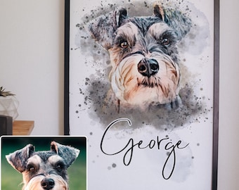Dog portrait "WATERCOLOR" personalized with name/ Animal portrait from photo/ Individual illustration for dog lovers/ Dog poster engraving