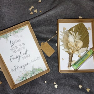 Geldgeschenk zur Hochzeit; Trockenblume+ Bl.Samen| Stoffsäckchen| personalisiert| Hochzeitsgeschenk| Schachtel für Geld;Echtglas-Reagenzglas