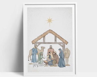 Kerst kerststal kunst aan de muur, baby Jezus aquarel schilderij, christelijke kerst kunst, religieuze kunst, kleurrijke kerst decor