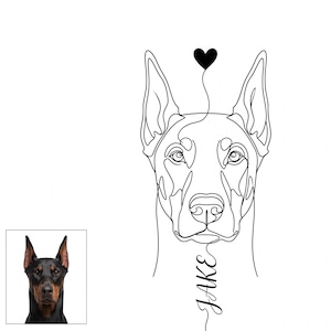 Könnte beinhalten: Eine schwarz-weiße Strichzeichnung eines Dobermann-Gesichts. Eine durchgehende Linie bildet die Gesichtszüge des Hundes, führt nach oben zu einem ausgefüllten schwarzen Herz und nach unten zum Namen JAKE in Schreibschrift.
