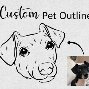 May include: Black and white line art illustration of a dog's head. The illustration is a custom pet outline, based on a photo of a black and white dog with floppy ears.