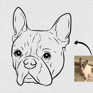 May include: Line art drawing of a French Bulldog's head, with a photo of a French Bulldog in the background.