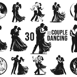 Op de afbeelding: Een set van 30 zwarte en witte silhouet SVG en PNG digitale bestanden met dansende paren. De tekst "SVG PNG COUPLE DANCING" is in de afbeelding opgenomen.