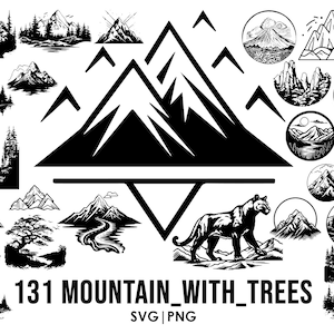 May include: A set of 131 black and white mountain and tree illustrations. The illustrations are in a variety of styles, including simple line drawings and more detailed designs. The text "131 MOUNTAIN_WITH_TREES SVG | PNG" is at the bottom of the image.