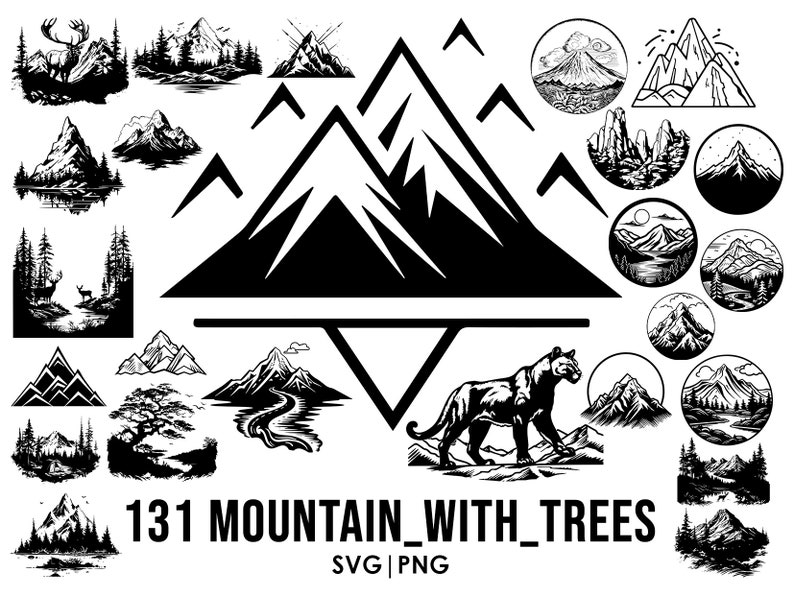 May include: A set of 131 black and white mountain and tree illustrations. The illustrations are in a variety of styles, including simple line drawings and more detailed designs. The text "131 MOUNTAIN_WITH_TREES SVG | PNG" is at the bottom of the image.