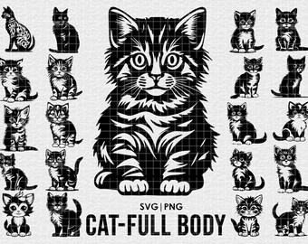 Cute Cat mega bundle drawing, clip art, SVG PNG File, Pet full body Outline sketch digital downloads Cricut laser cutting Tattoo t-shirt mug