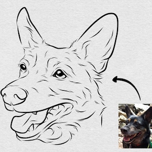 May include: Line art drawing of a dog's head with a happy expression. The drawing is in black and white and is on a grey background. The drawing is based on a photo of a dog with brown and black fur.