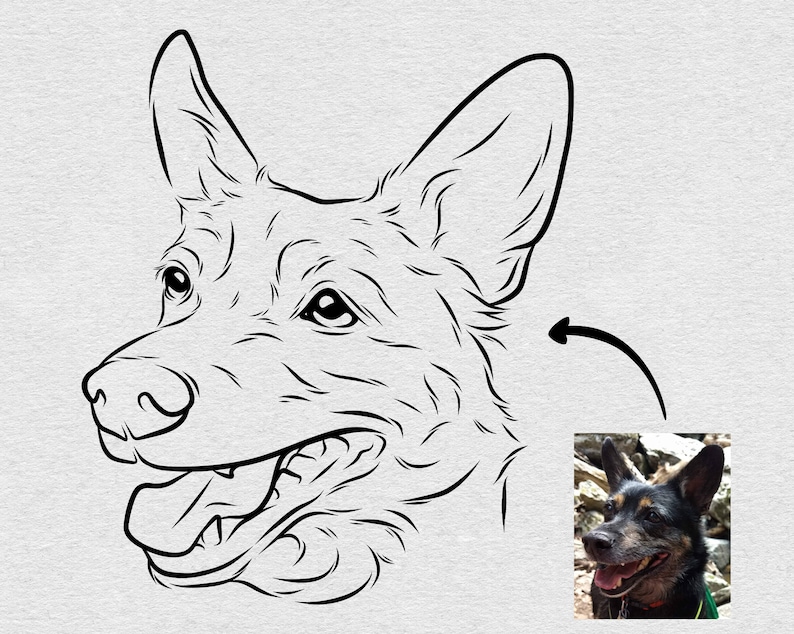 May include: Line art drawing of a dog's head with a happy expression. The drawing is in black and white and is on a grey background. The drawing is based on a photo of a dog with brown and black fur.