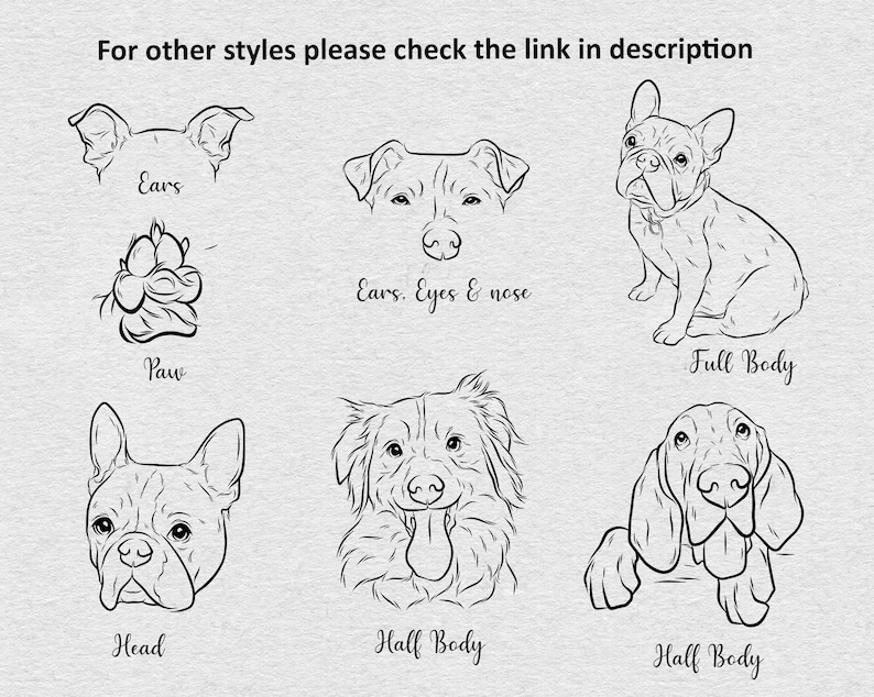 May include: A digital illustration showing different styles of dog portraits. The styles include ears, eyes and nose, paw, head, half body, and full body.
