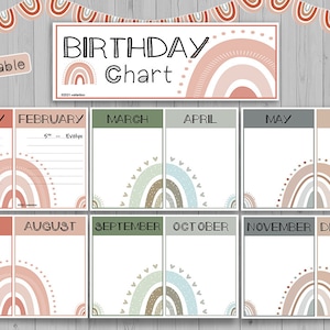 Boho regenboog verjaardag klasdisplay | Maandelijkse verjaardagstabel in de klas |Verjaardagstabel | Prikbordborden voor onze verjaardagen | Boho-thema