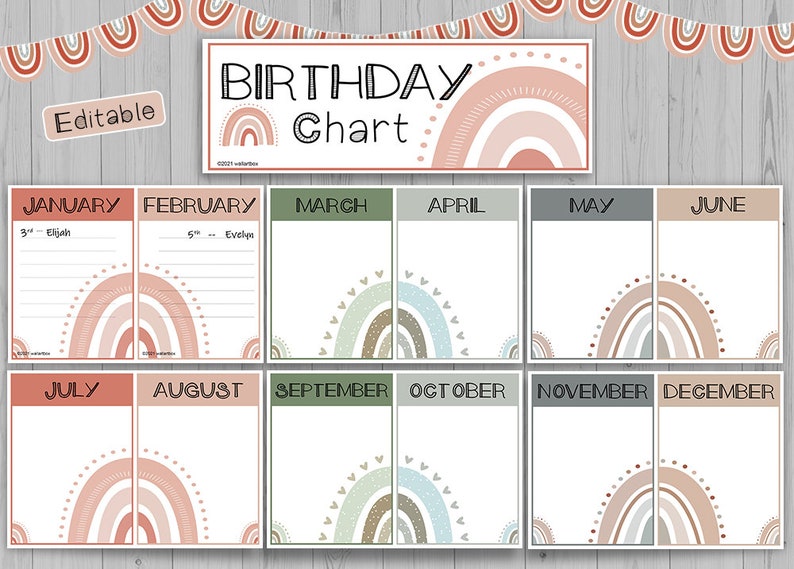 Puede incluir: Tabla de cumplea&ntilde;os imprimible con un dise&ntilde;o de arco&iacute;ris. La tabla est&aacute; dividida en 12 meses, con espacio para escribir nombres y fechas. La tabla es editable y se puede personalizar.