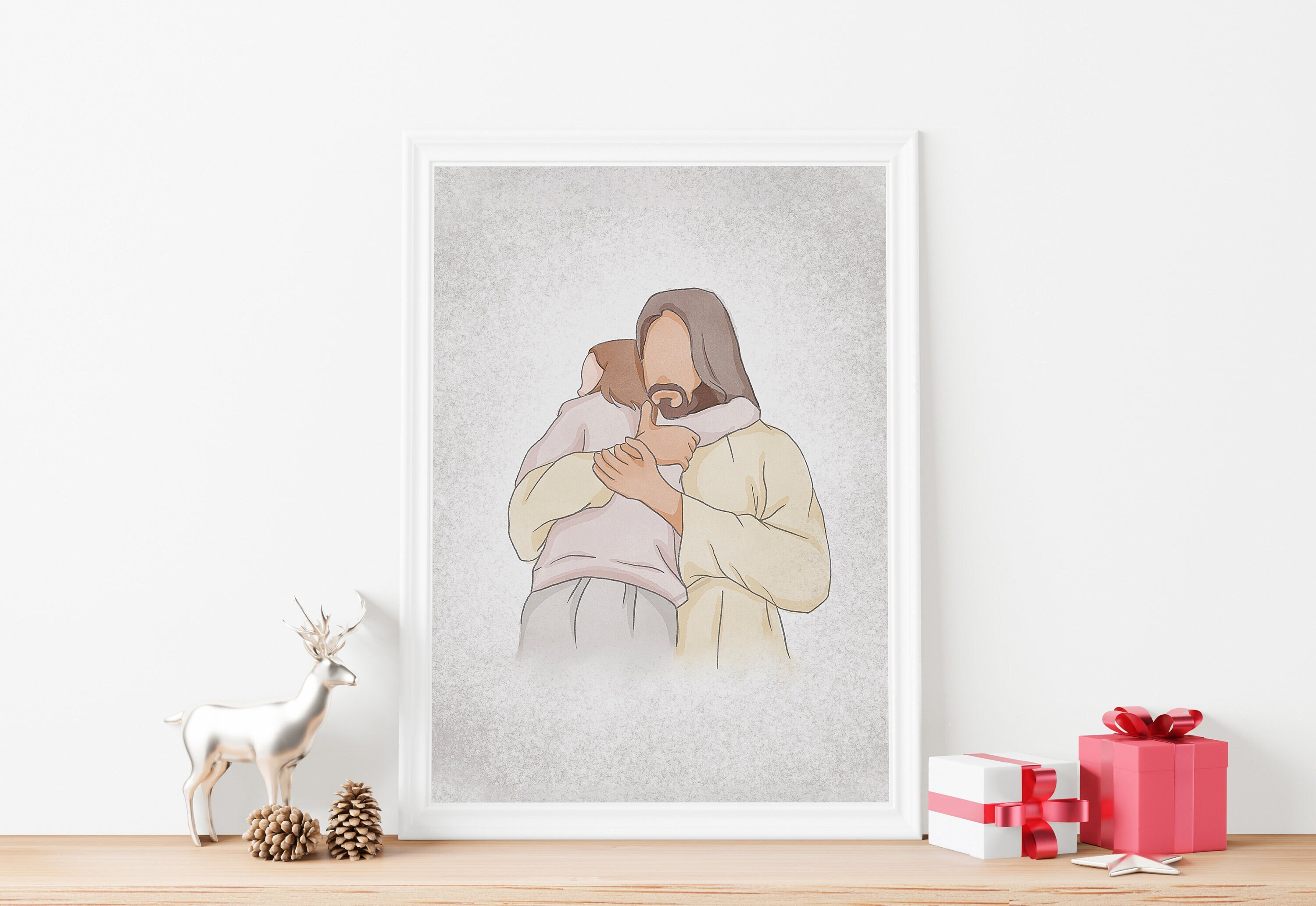 Kinderen van God | Jezus schilderij | LDS-kunst | Vrede in Christus | Jezus knuffel babymeisje | Jezus aquarel portret | Jezus met kinderen | Redden