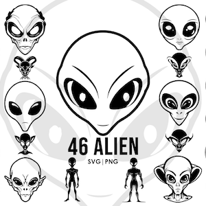 May include: A set of 46 black and white alien illustrations. The illustrations feature various alien faces, some with large eyes and others with small eyes. The illustrations are perfect for use in digital projects, crafts, and more.