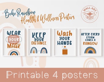 Boho Rainbow Theme COVID Classroom Poster Set de 4, Póster de seguridad en el aula, Salud del bienestar de los niños, Seguridad de la salud, Usar una máscara, Desinfectar signos
