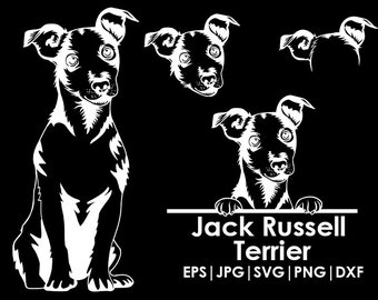 Puede incluir: Silueta en blanco y negro de un perro Jack Russell Terrier. El perro se muestra en diferentes poses, incluyendo sentado, de pie y mirando hacia un lado. El texto "Jack Russell Terrier" está escrito en letras blancas sobre un fondo negro. El texto "EPS | JPG | SVG | PNG | DXF" está escrito debajo del nombre del perro.