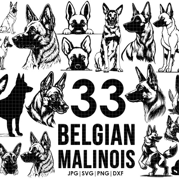 Malinois belge SVG méga bundle dessin, corps entier, furtivement, SILHOUETTE, tête clipart Esquisse Cricut laser découpe chien ludique, logo
