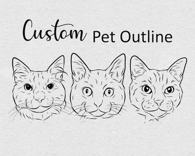 May include: Line art illustration of three cats with their heads facing forward. The cats have large eyes and whiskers. The illustration is in black and white and has a simple, minimalist style.