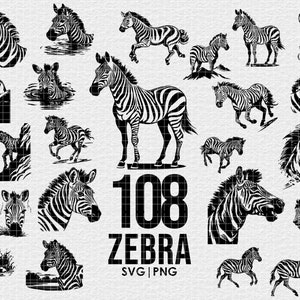 Könnte beinhalten: Eine Sammlung von 108 Schwarzweiß-Silhouetten-Illustrationen von Zebras. Die Zebras sind in verschiedenen Posen, wie Stehen, Laufen und Liegen. Die Illustrationen sind perfekt für die Verwendung in Bastelarbeiten, Scrapbooking und anderen kreativen Projekten.