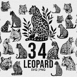Pode incluir: Ilustrações de leopardos em preto e branco em várias poses. A imagem inclui 34 designs de leopardos, com a palavra "LEOPARD" e o número "34" em texto grande e em negrito. Os formatos de arquivo são SVG e PNG.