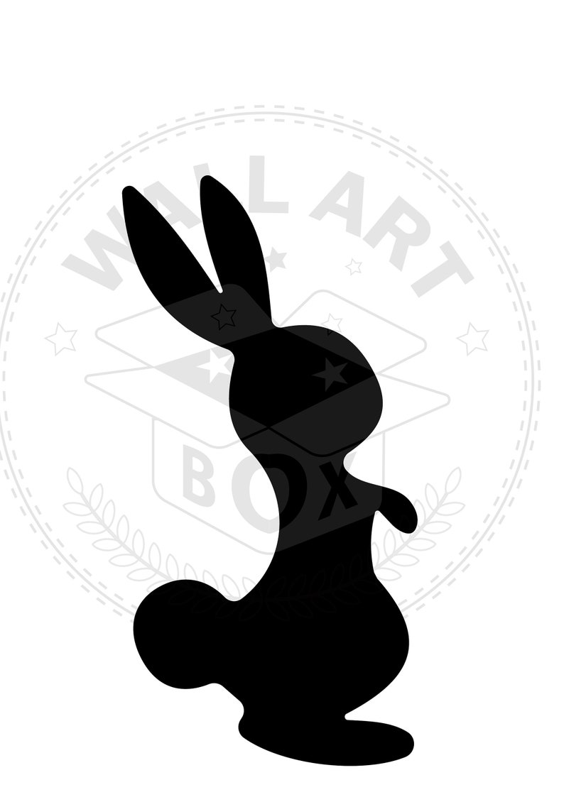 K&ouml;nnte beinhalten: Schwarze Silhouette eines Kaninchens, das auf seinen Hinterbeinen steht und die Ohren aufgestellt hat. Das Kaninchen steht vor einem wei&szlig;en Hintergrund mit einem grauen Kreis, in dem "Wall Art Box" steht.