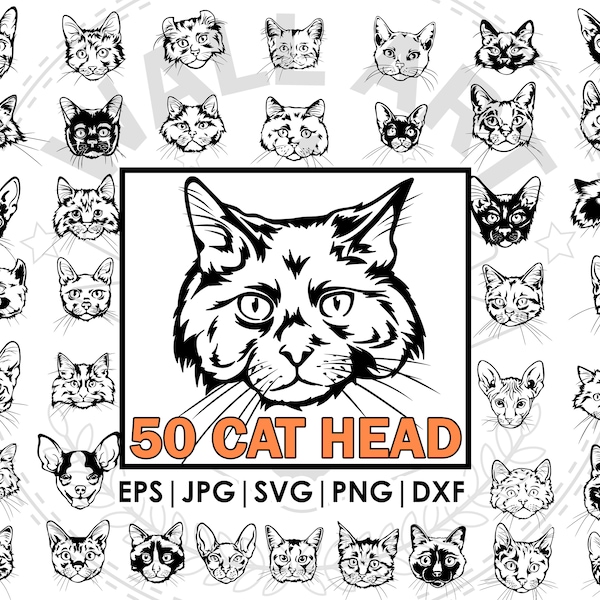 50 Rasse Katzenkopf Mega Bundle Zeichnung SVG, Png, eps, dxf, jpg Bundle, verspielte Katze, Cricut Lasercut, Tattoo, T-Shirt, Tasse, Vektor