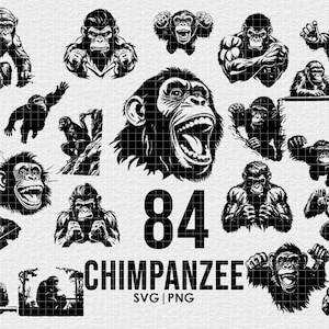 Peut inclure: Une collection de 84 illustrations de chimpanzés en noir et blanc dans différentes poses. Les illustrations sont dans un style simple et cartoon et sont parfaites pour une utilisation dans l'artisanat, le scrapbooking ou la conception numérique.