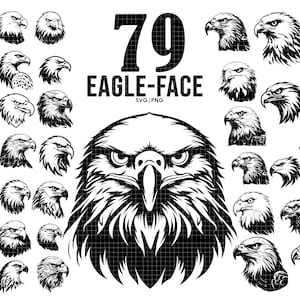 Op de afbeelding: Zwart-wit digitaal ontwerp met 79 Eagle-Face. Het ontwerp bevat een groot adelaarshoofd met een woeste uitdrukking en vele kleinere adelaarshoofden eromheen. De tekst "79 Eagle-Face" staat in vetgedrukte letters boven het grote adelaarshoofd.