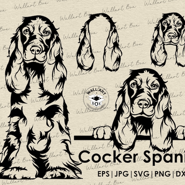 English Cocker spaniel svg- Face-Dog svg files for cricut- peeking dog full body vector-Cocker spaniel ears- download eps, ai, svg, dxf, png