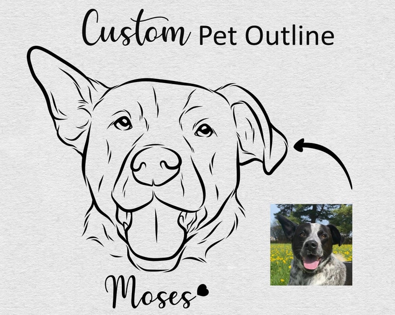 May include: Black and white line art illustration of a dog named Moses. The illustration is a custom pet outline, with an arrow pointing to the original photo of the dog in the bottom right corner.