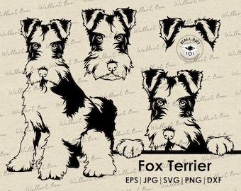 May include: Black and white silhouette of a Fox Terrier dog in three different poses. The dog is sitting, standing, and looking over a ledge. The image includes the text "Fox Terrier" and "EPS | JPG | SVG | PNG | DXF".