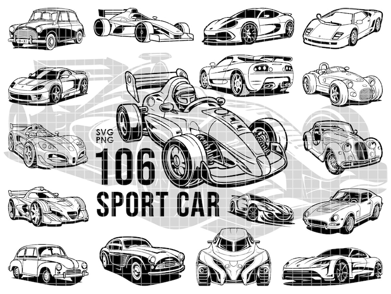 sport car, svg, bundle, vector, cricut, Digital Download, png bundle, tattoo, outline drawing, t-shirt print, stencils, Clipart image 1