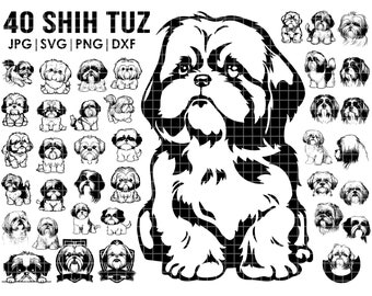 May include: A black and white digital illustration of 40 Shih Tzu dogs in various poses. The image includes the text "40 Shih Tzu" and "JPG | SVG | PNG | DXF".
