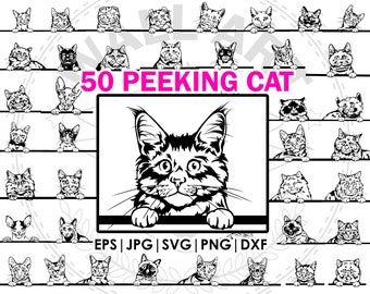 50 mega paquete de dibujo de gato asomado de raza / clip art, SVG, Png, eps, dxf, jpg Archivo / Esquema de gato asomado juguetón / Corte vectorial Cricut