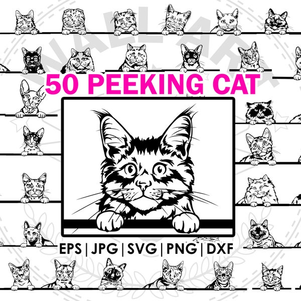 50 breed peeking cat mega bundle drawing | clip art, SVG, Png, eps, dxf, jpg File| Playful Peeking Cat Outline | Vector Cricut Cut Cutting
