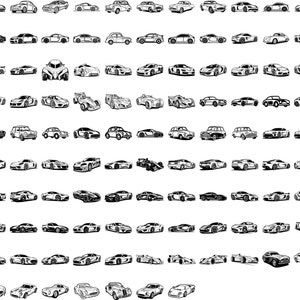 May include: A collection of various car illustrations in black and white. The image features a variety of car models, including classic cars, sports cars, and race cars. The cars are depicted in a detailed, line-art style.