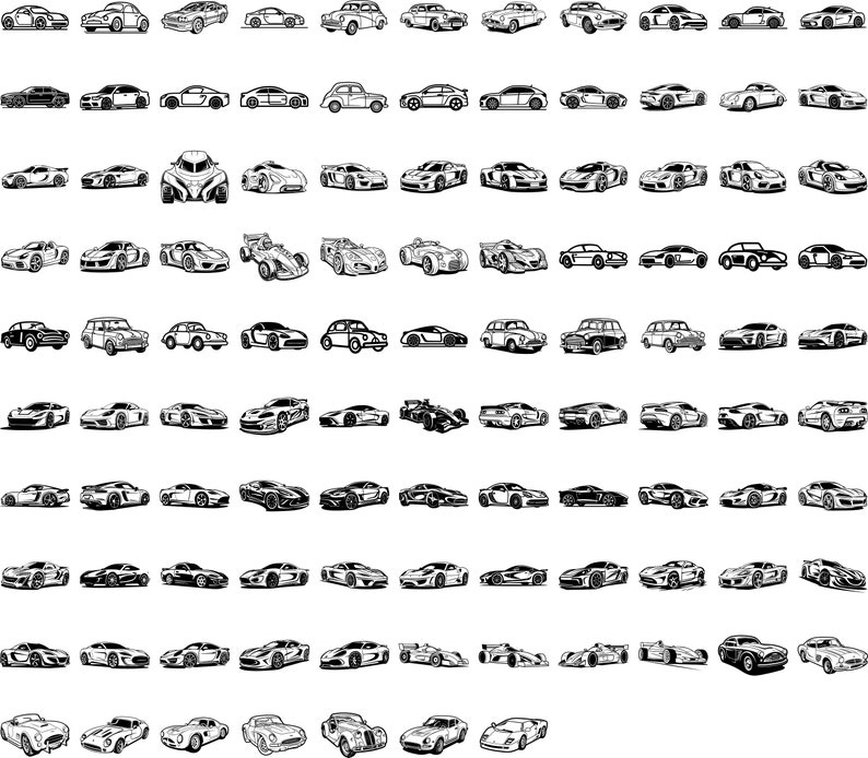 May include: A collection of various car illustrations in black and white. The image features a variety of car models, including classic cars, sports cars, and race cars. The cars are depicted in a detailed, line-art style.