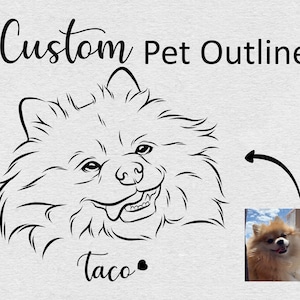 May include: Black and white line art illustration of a dog's head with the name "Taco" written below. The dog is smiling with its tongue sticking out. The image is labelled "Custom Pet Outline".