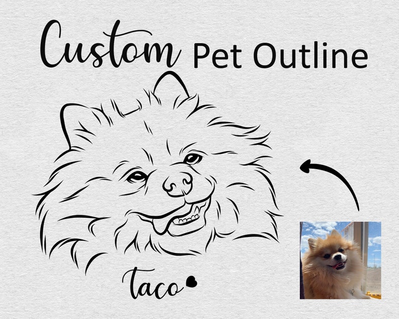 May include: Black and white line art illustration of a dog's head with the name "Taco" written below. The dog is smiling with its tongue sticking out. The image is labelled "Custom Pet Outline".