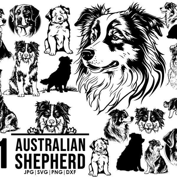 Paquete de svg de pastor australiano/ Archivos svg de perro para Cricut/ Imágenes prediseñadas de perro mirando/ Descarga DXF de imagen vectorial/ arte imprimible/ png/ orejas de cuerpo completo
