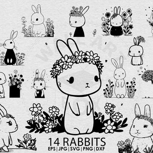 Cute Easter rabbit cartoon bunny bundle svg cut file, animals file, flower svg, animal hand drawn style,svg, png, eps, for cricut, clipart