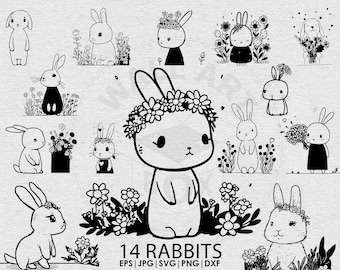 Niedliche Ostern Hase Cartoon Hase Bundle svg geschnitten Datei, Tiere Datei, Blume svg, Tier handgezeichnete Stil, svg, png, eps, für Cricut, Clipart