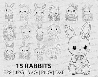 May include: A set of 15 black and white line drawings of rabbits in various poses. The rabbits are all in a cartoon style and have large eyes and ears. Some of the rabbits are holding Easter eggs, while others are wearing bows or sitting on flowers. The text "15 RABBITS" and "EPS | JPG | SVG | PNG | DXF" is at the bottom of the image.