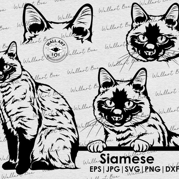 Siamkatze Svg Dateien für Cricut| Katze Clipart| Vektorbild DXF Download| druckbare Kunst| png| Ganzkörpergesicht Ohren| Laserschneiden|