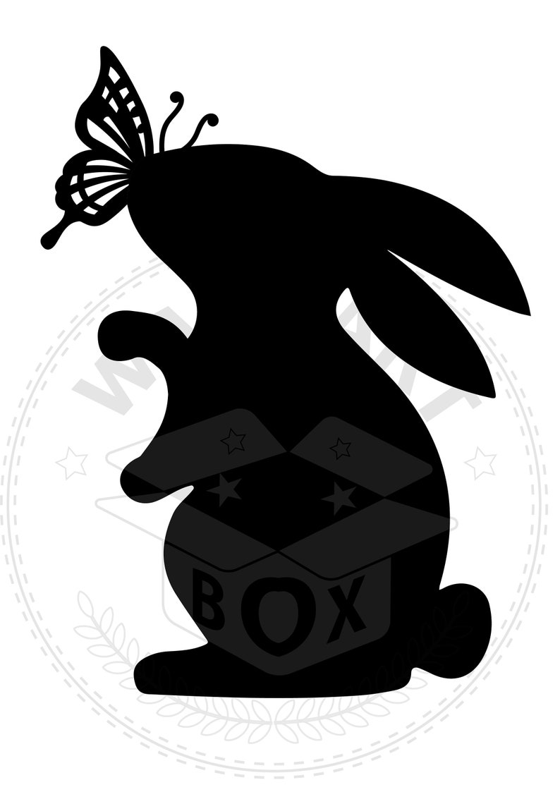 K&ouml;nnte beinhalten: Schwarze Silhouette eines Kaninchens mit einem Schmetterling im Maul. Das Kaninchen steht auf einer Schachtel mit dem Wort "BOX" darauf.