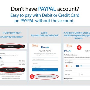 Peut inclure: Un guide &eacute;tape par &eacute;tape sur la fa&ccedil;on de payer avec une carte de d&eacute;bit ou de cr&eacute;dit sur Etsy sans compte PayPal. L'image montre une capture d'&eacute;cran du processus de paiement Etsy avec des instructions et le logo PayPal.