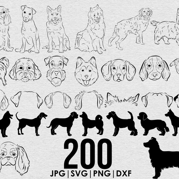 50 breed DOG mega bundle drawing| clipart, SVG, Png, dxf, jpg File| Pet Silhouette,full body, Ear, face, head Outline sketch| Cricut cutting