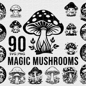 Puede incluir: Un conjunto de 90 archivos digitales SVG y PNG en blanco y negro con ilustraciones de hongos mágicos. El texto "90 SVG | PNG MAGIC MUSHROOMS" está incluido en la imagen.